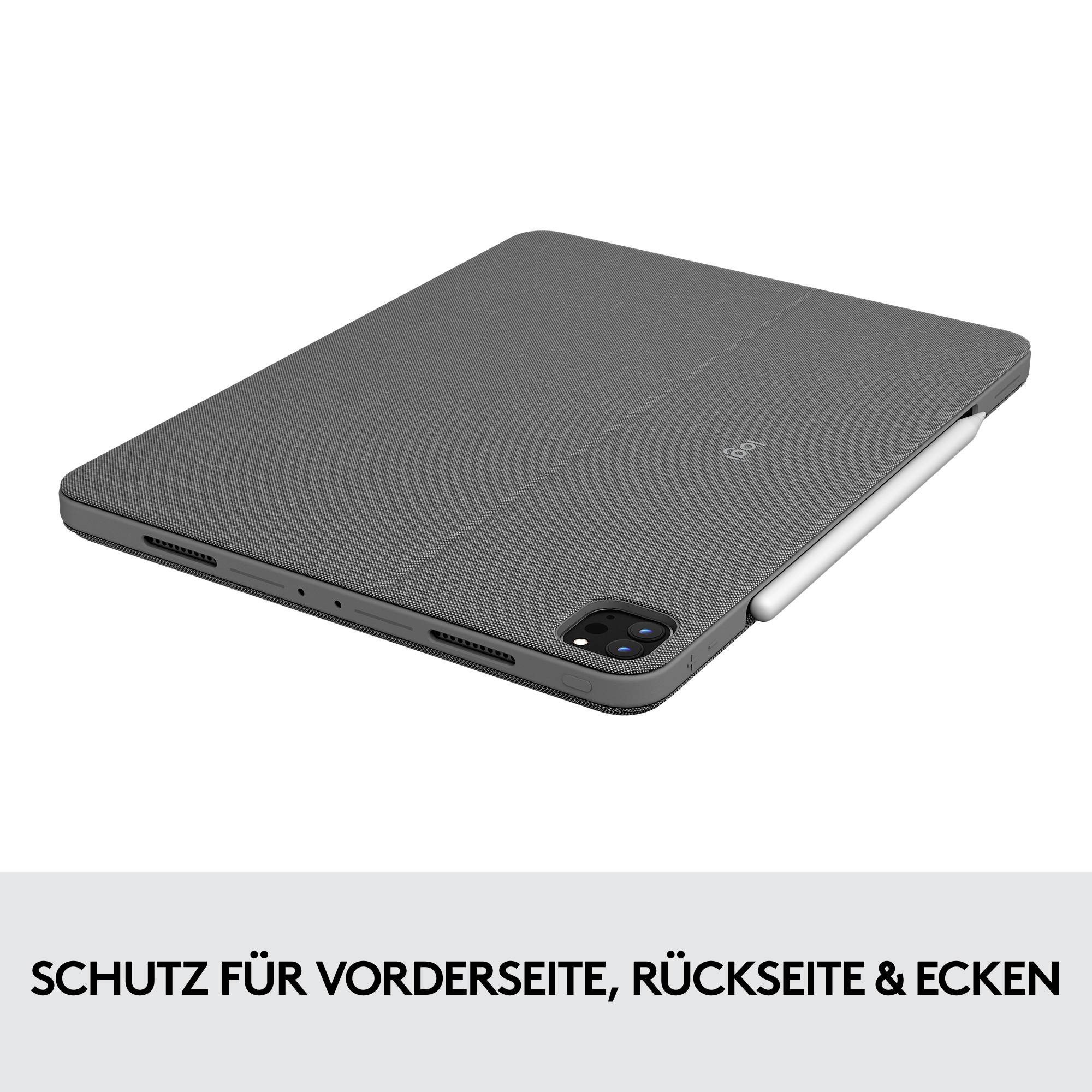 Ein geschlossenes graues Tablet mit Schutzhülle, die Vorderseite, Rückseite und Ecken bedeckt. Text: 'Schutz für Vorderseite, Rückseite & Ecken'.