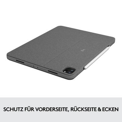 Ein geschlossenes graues Tablet mit Schutzhülle, die Vorderseite, Rückseite und Ecken bedeckt. Text: 'Schutz für Vorderseite, Rückseite & Ecken'.