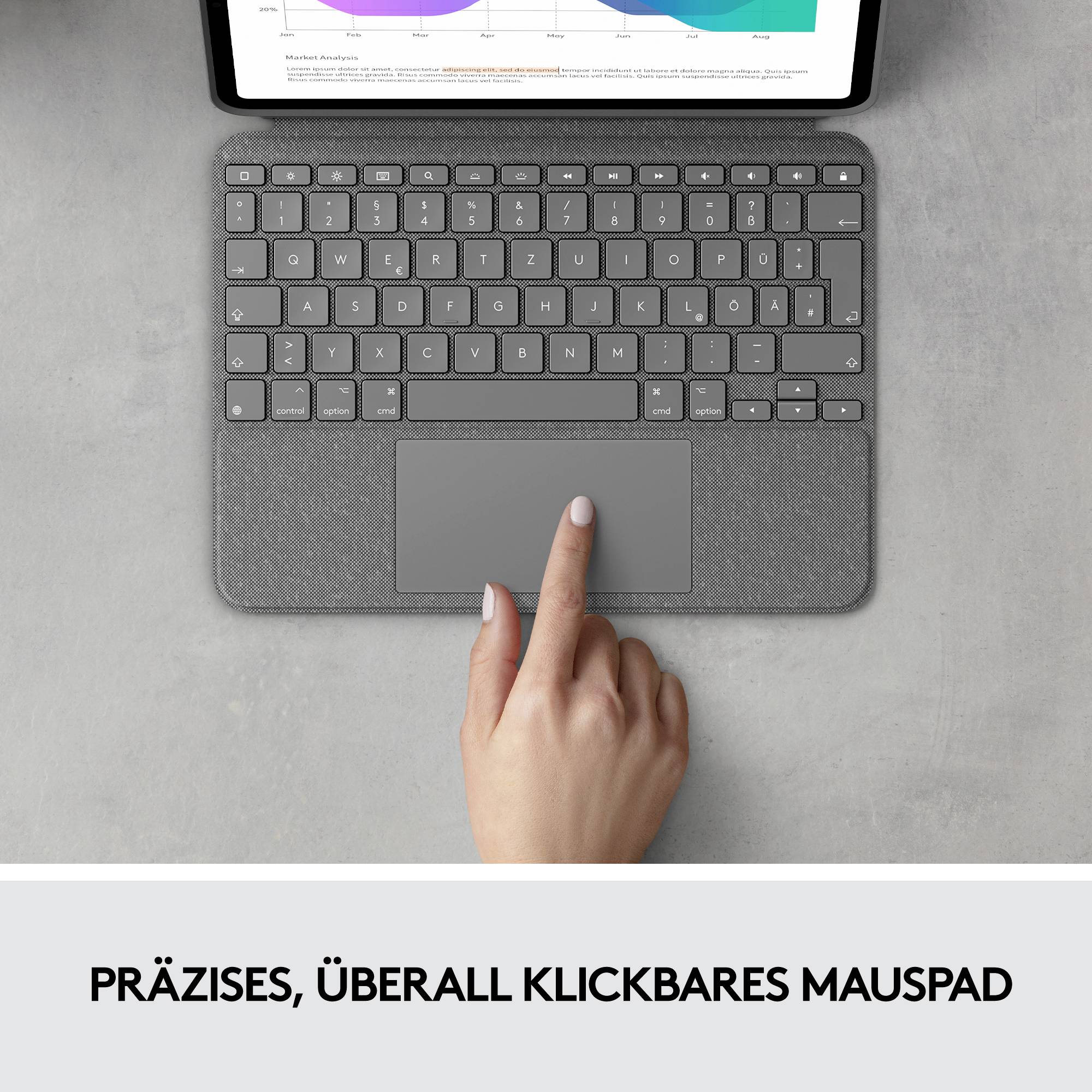 Eine Hand zeigt auf das Touchpad eines Laptops mit der Überschrift 'Präzises, überall klickbares Mauspad' darunter. Bildschirm zeigt ein Diagramm.