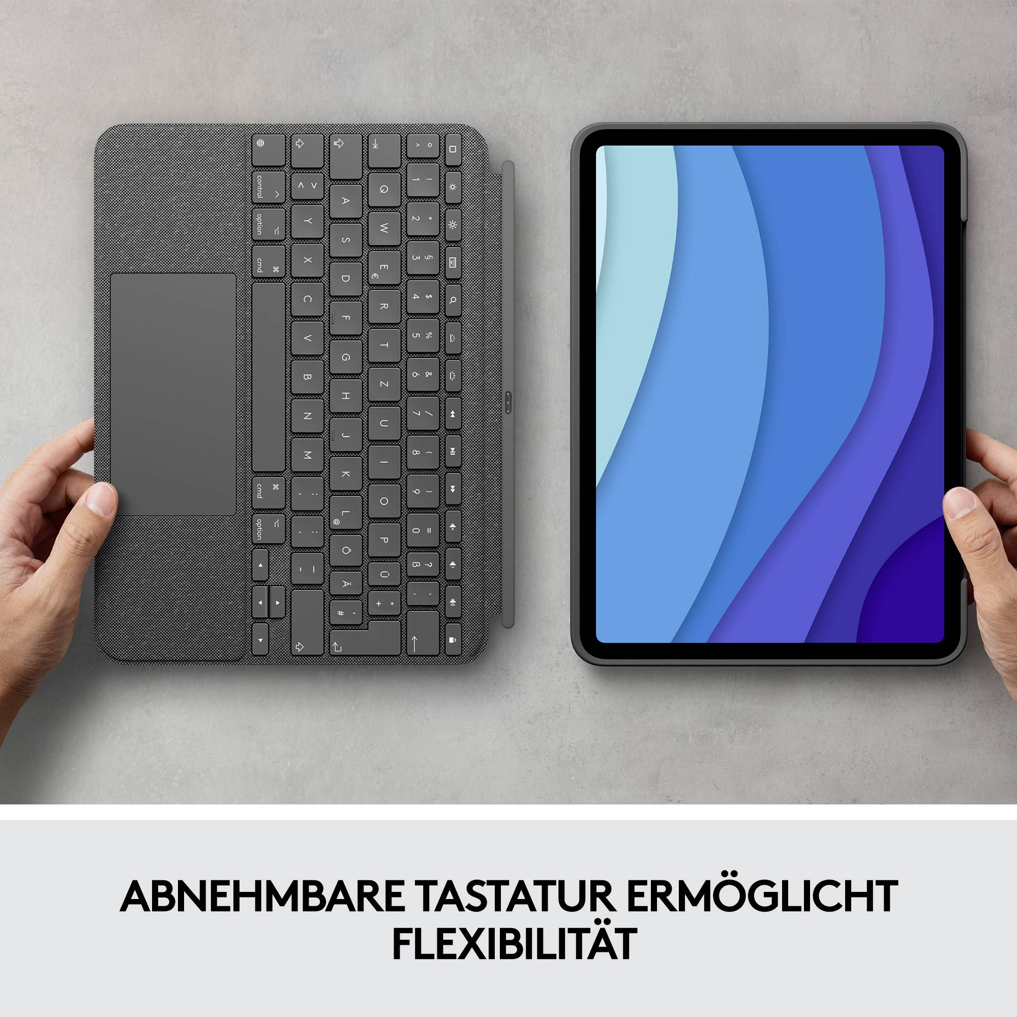 'Tablet mit abnehmbarer Tastatur; beide von Händen gehalten. Geschwungene blaue Grafik auf dem Bildschirm. Text unten: Abnehmbare Tastatur ermöglicht Flexibilität.'