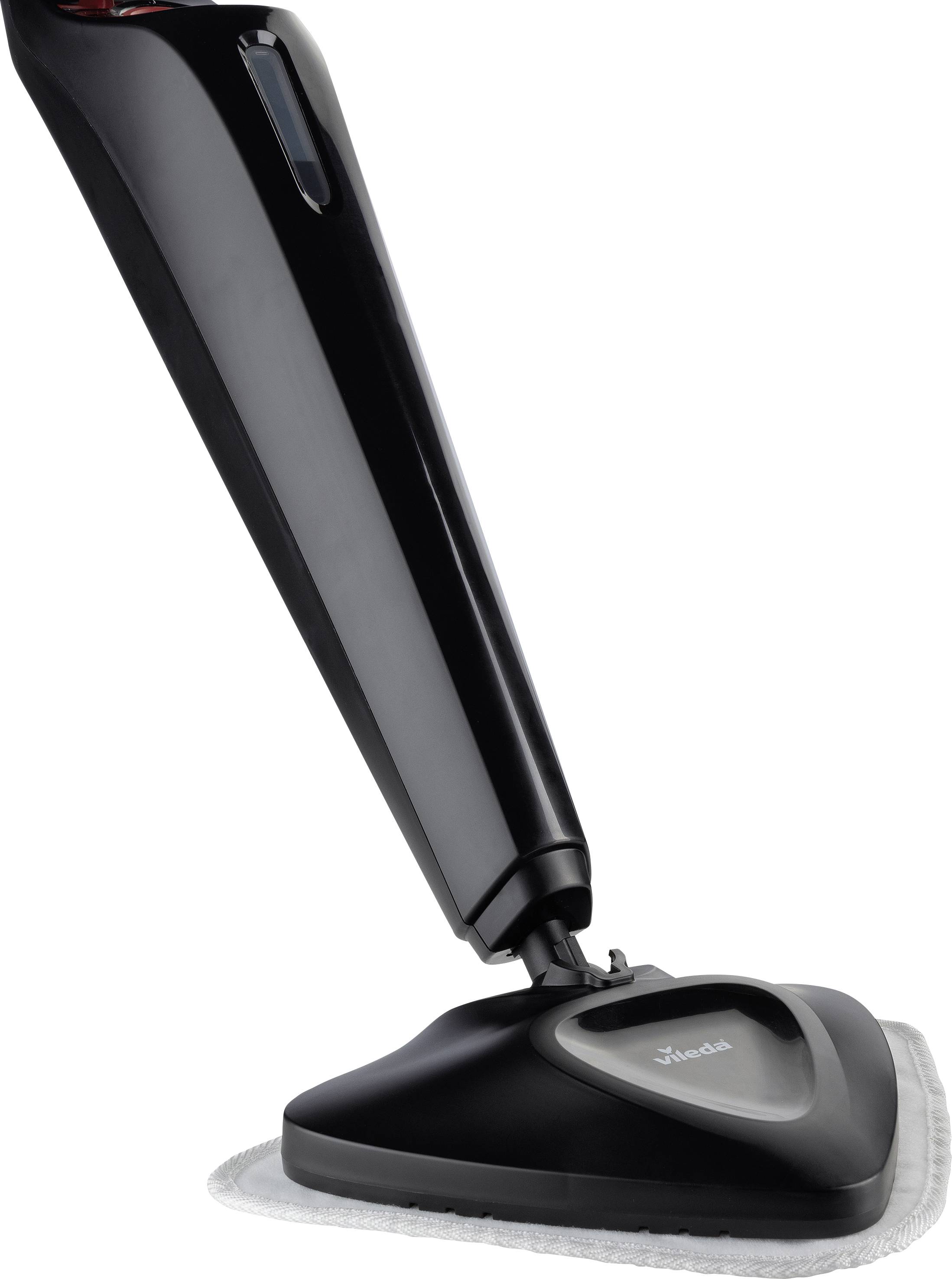 Ein schwarzer, dreieckiger Dampfmop steht aufrecht, bereit zum Einsatz auf hartem Bodenbelag.