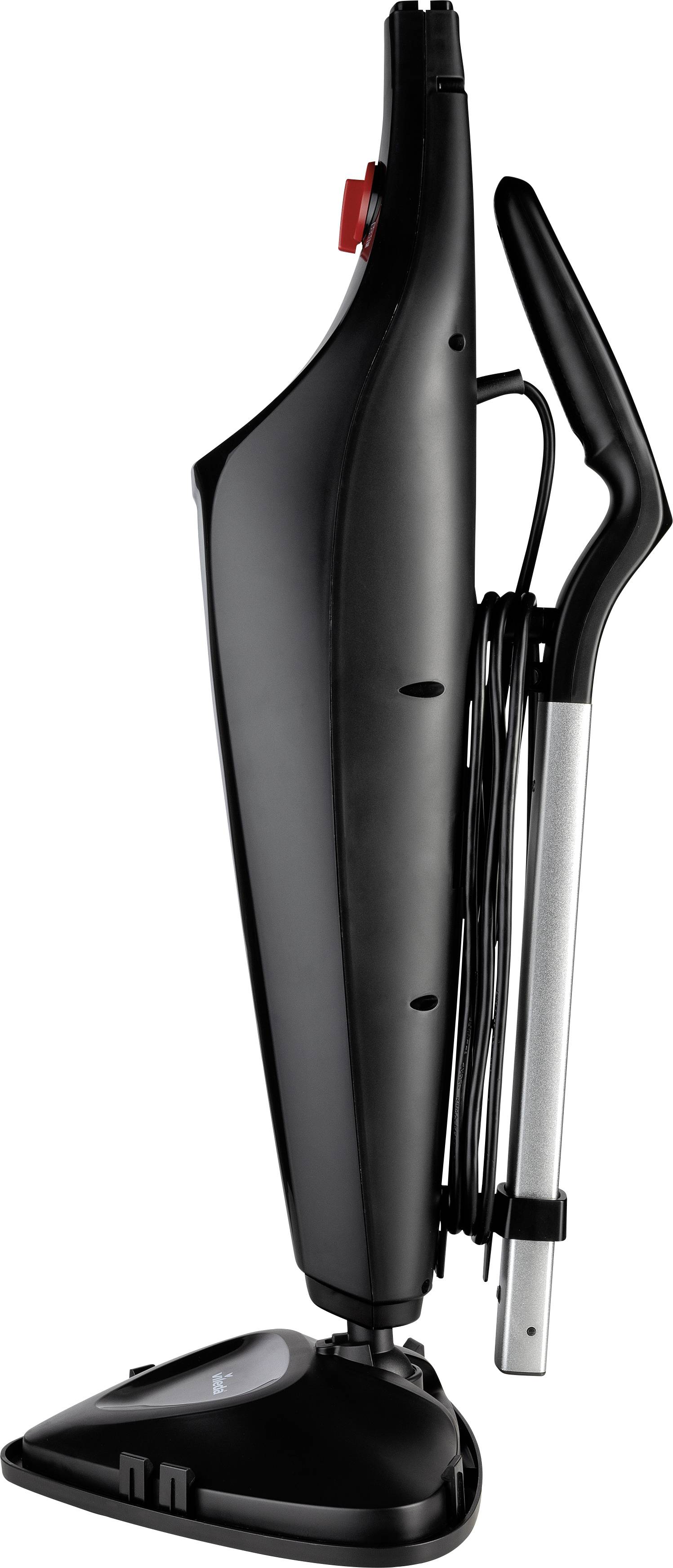 Dampfreiniger aus schwarzem Kunststoff mit langem Griff und abnehmbaren Kabel, vertikal in einer seitlichen Ansicht dargestellt.