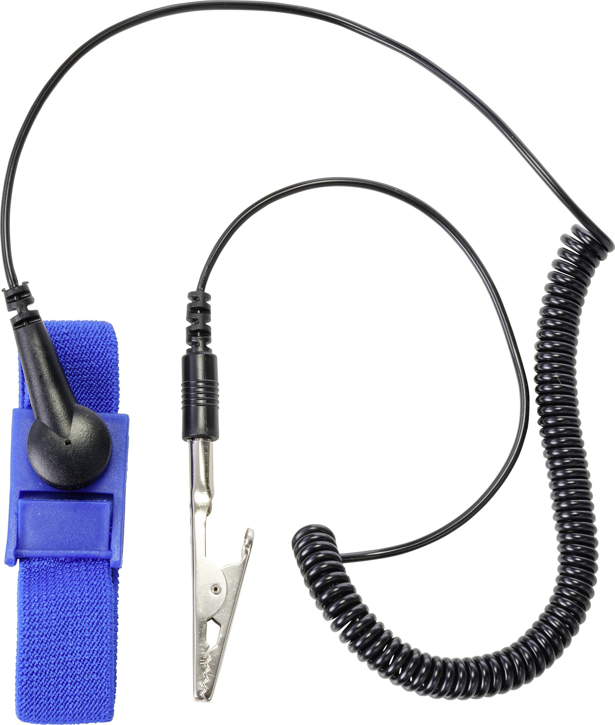 Ein blaues Erdungsarmband mit schwarzem Spiralkabel und Krokodilklemme zur Ableitung statischer Elektrizität.