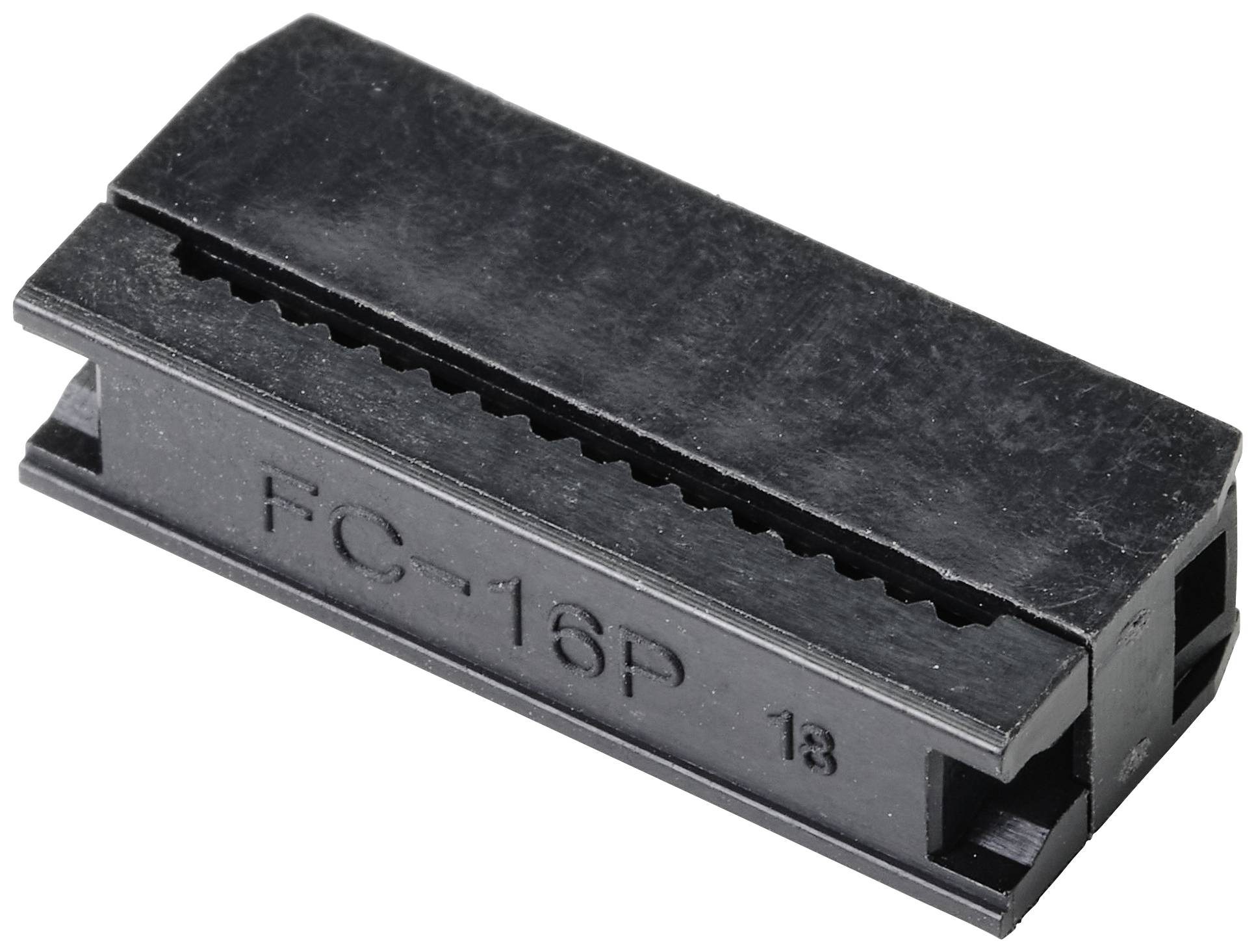 Ein schwarzer 16-poliger IDC-Stecker mit der Aufschrift 'FC-16P', verwendet für elektrische Verbindungen und Kabelbaummontage.