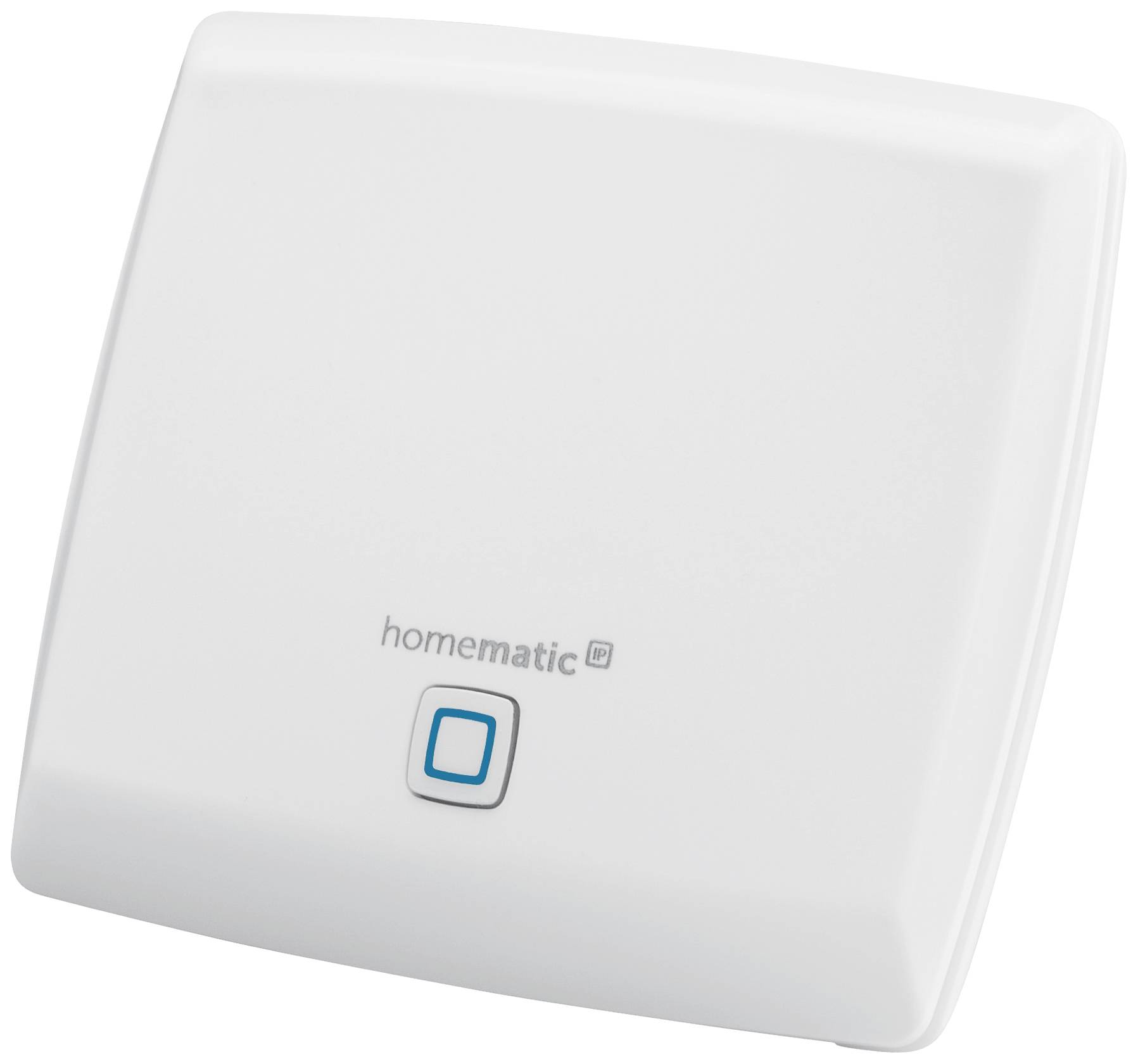 Ein weißer Homematic IP Schaltknopf mit einem blauen Quadrat in der Mitte. Designed zur Steuerung von Smart-Home-Geräten.