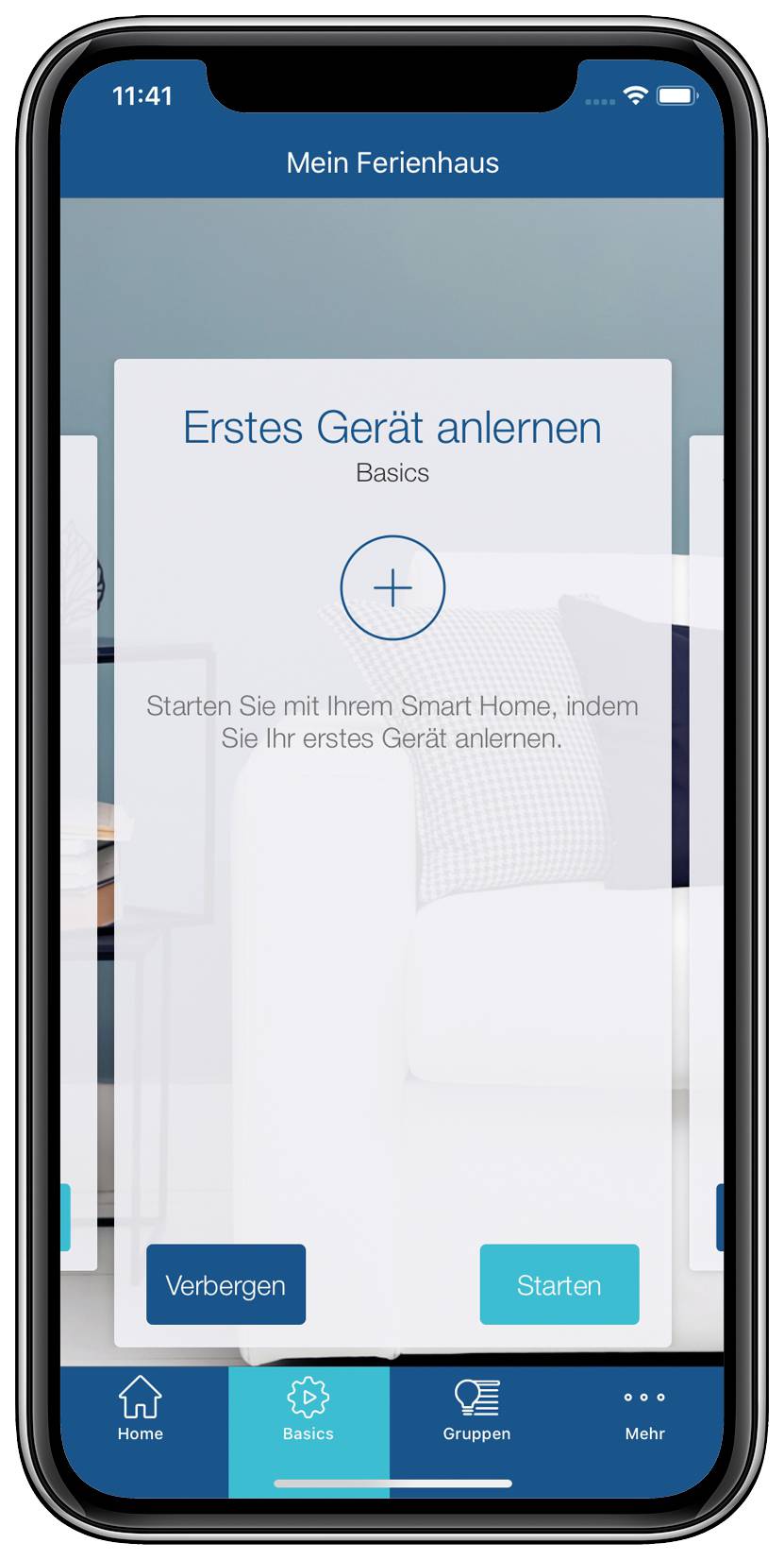 Bildschirm eines Smart-Home-Geräts zeigt die Aufforderung 'Erstes Gerät anlernen'. Optionen sind 'Verbergen' und 'Starten'.