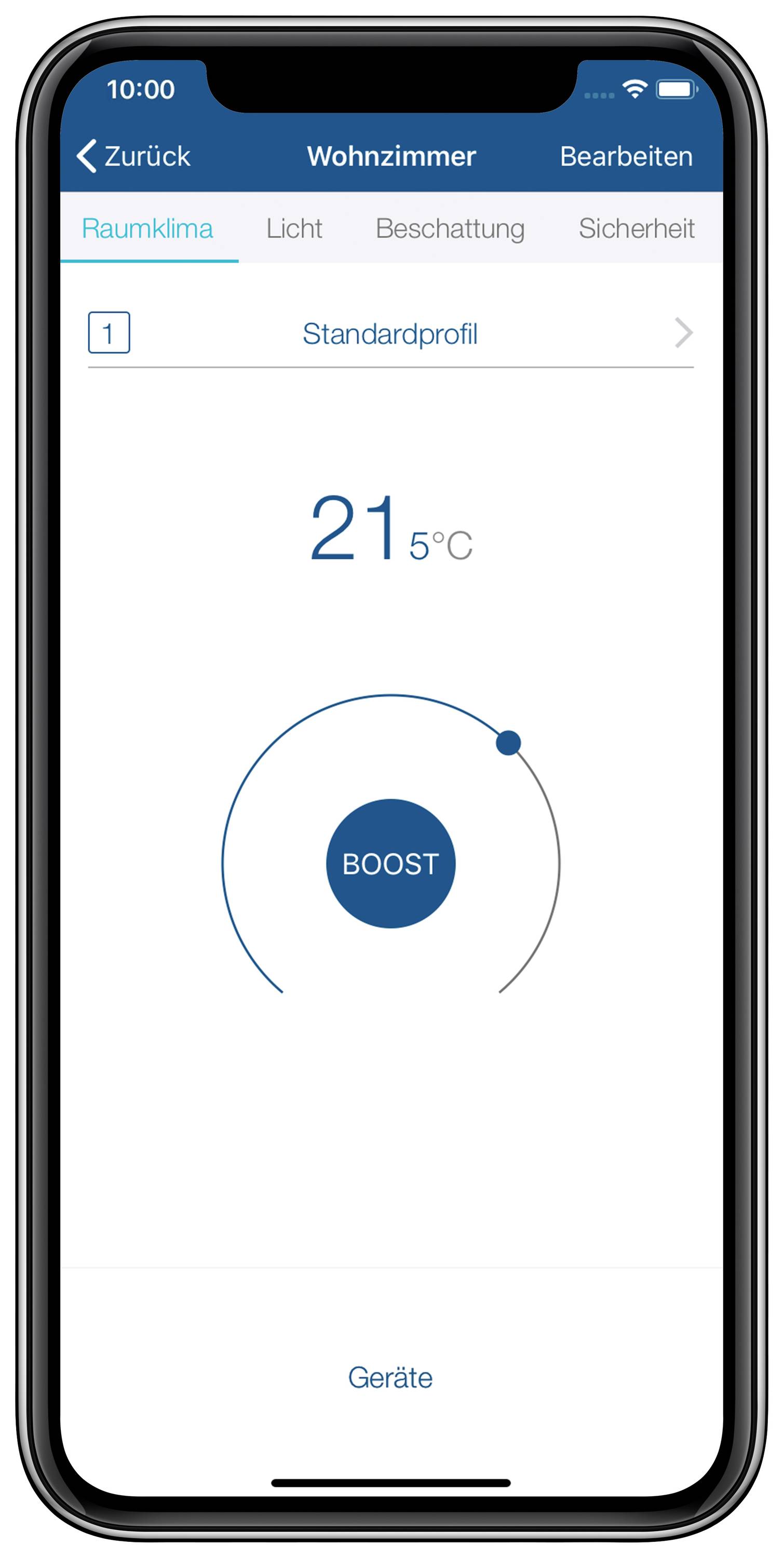 Smartphone-App zur Steuerung der Raumtemperatur. Temperaturanzeige bei 21,5°C. Knopf für 'Boost'-Funktion zur schnellen Erwärmung.