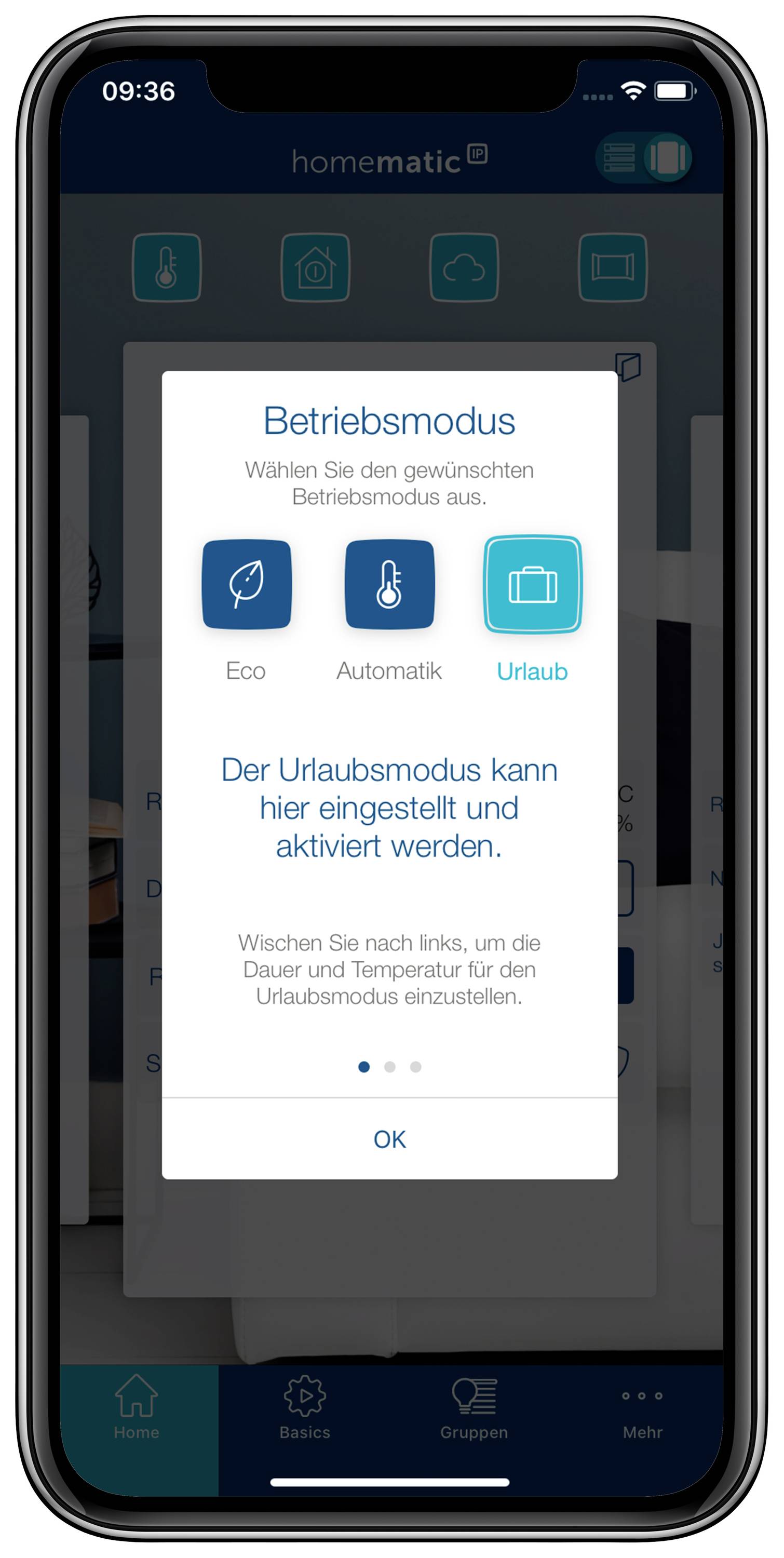 Smartphone mit geöffneter App. Bildschirm zeigt 'Betriebsmodus' mit Optionen: Eco, Automatik, Urlaub. Urlaubmodus ist ausgewählt.