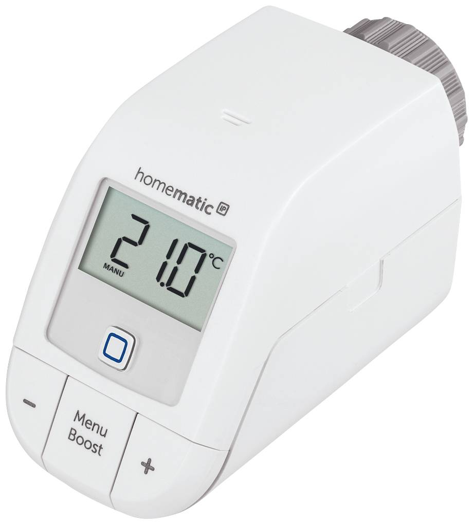 Digitales Heizkörperthermostat 'homematic' zeigt 21,0°C. Knöpfe: Menu, Boost. Weißes Gehäuse, graues Stellrad.