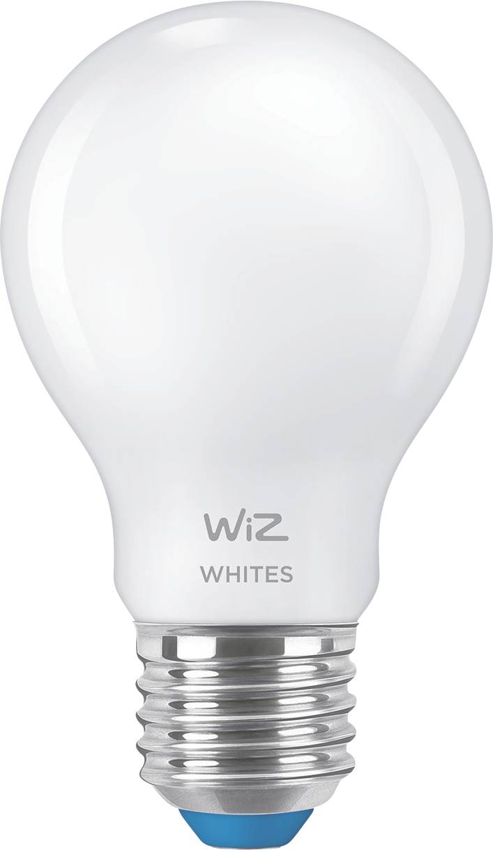 Eine weiße LED-Glühbirne mit E27-Fassung und der Aufschrift 'WiZ Whites'.