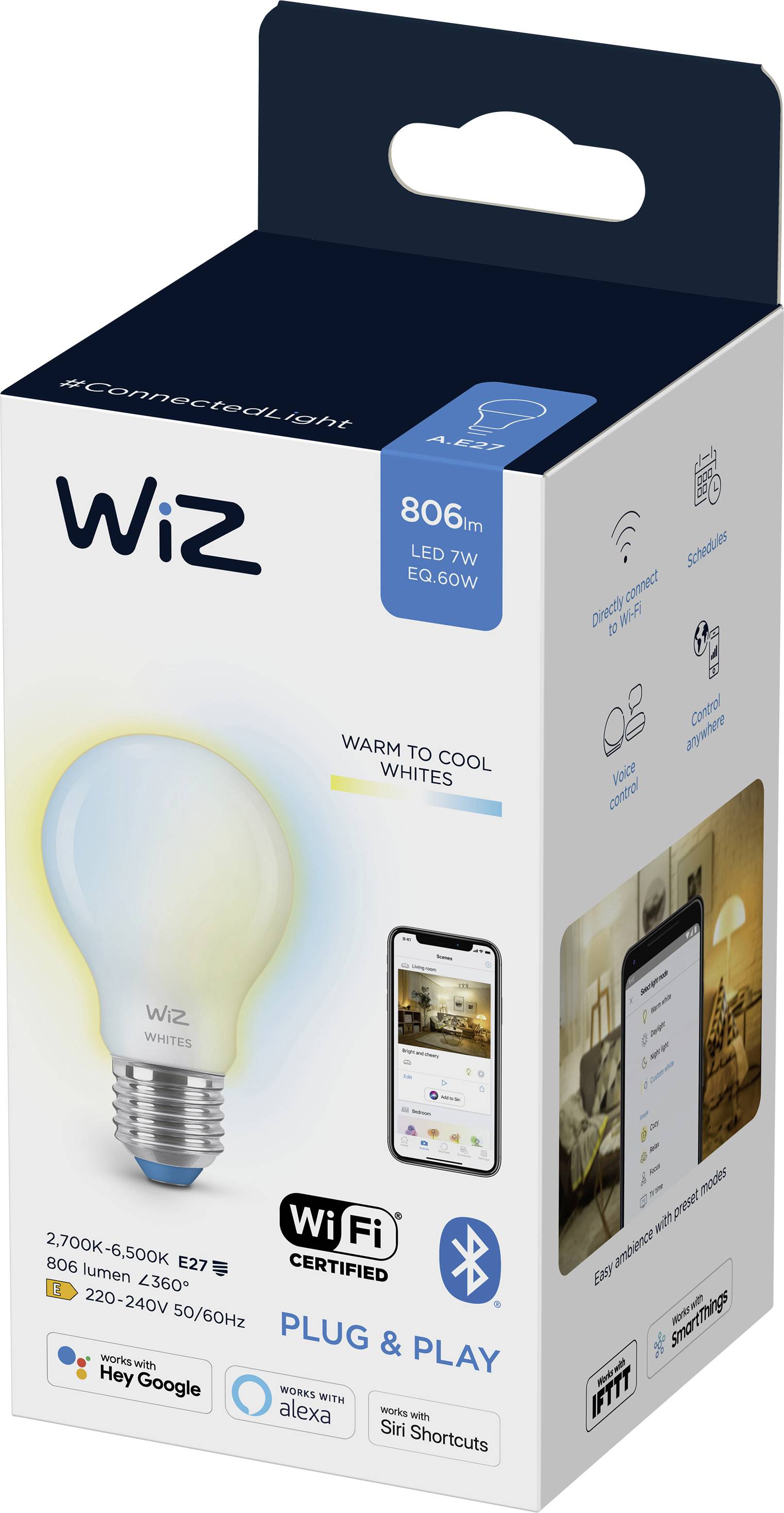 LED-Glühbirnenverpackung mit WiFi- und Bluetooth-Kompatibilität, zeigt Bild der Glühbirne und eine mobile App zur Steuerung.