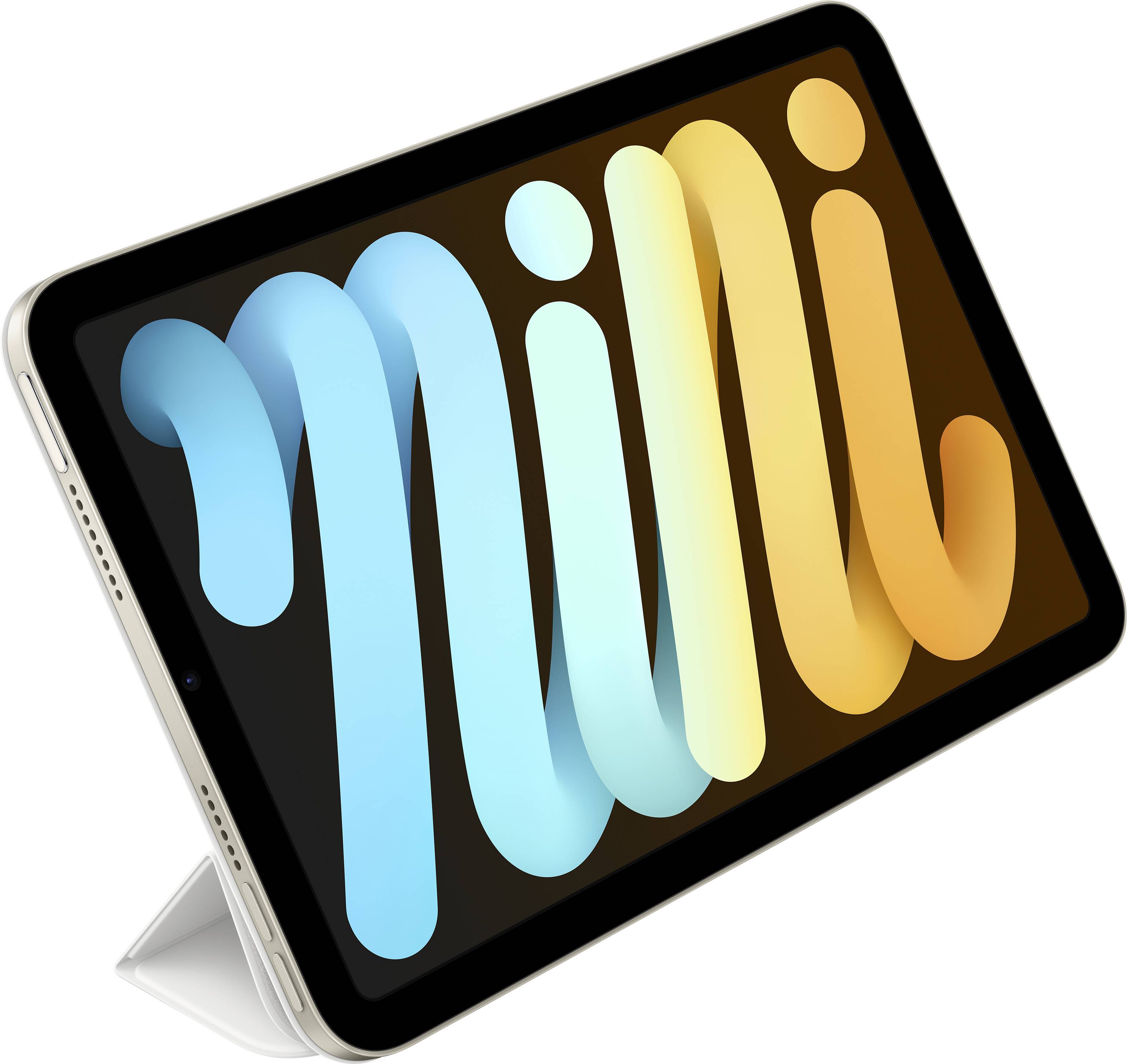 Ein kleines Tablet mit einem farbigen Bildschirm, auf dem in großen Buchstaben 'mini' steht. Das Gerät steht auf einem weißen Ständer.