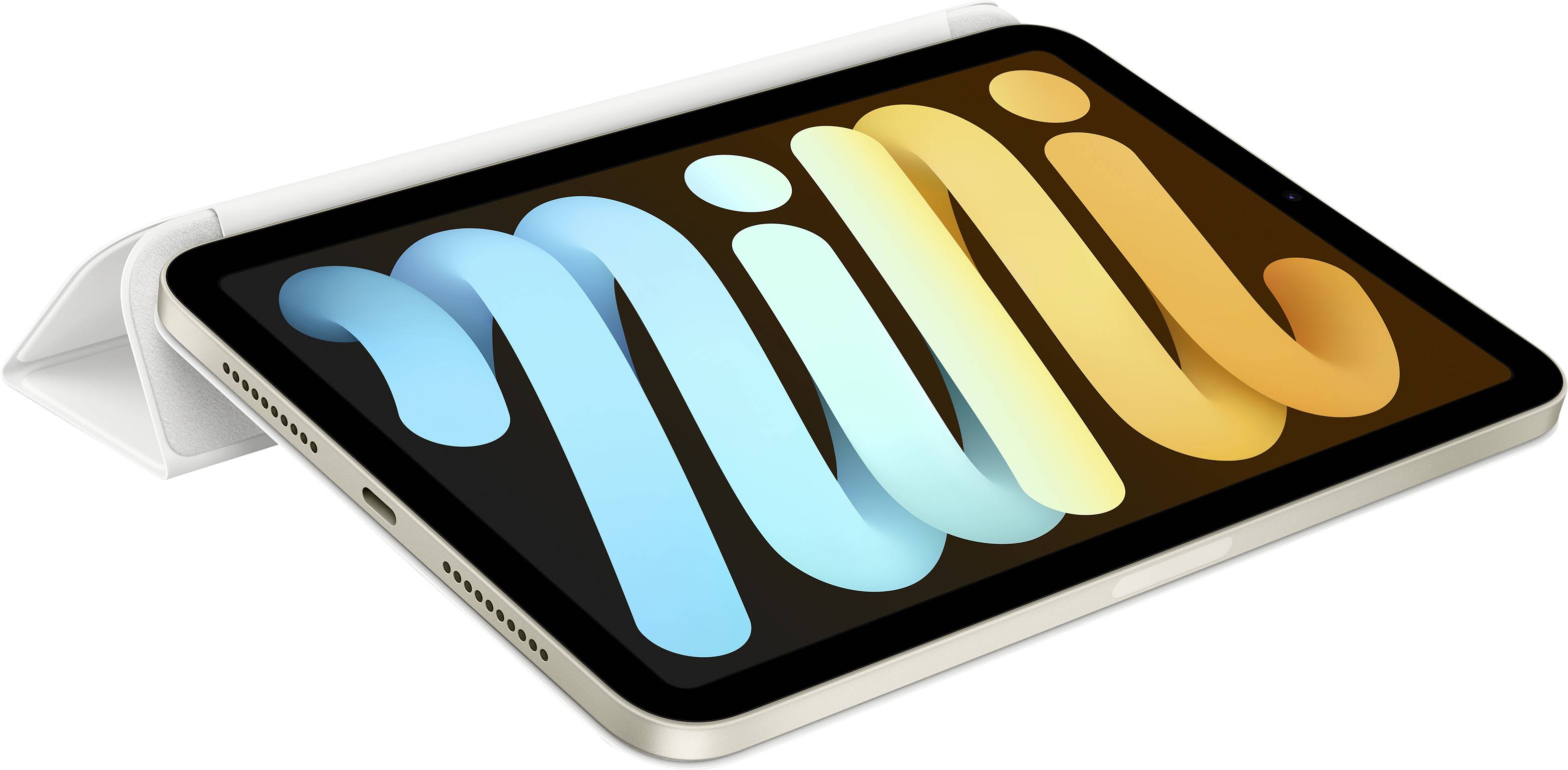 Tablet mit buntem Bildschirm und dem Schriftzug 'mini' in Blau- und Gelbtönen. Gehäusefarbe ist weiß, Design schlank und modern.