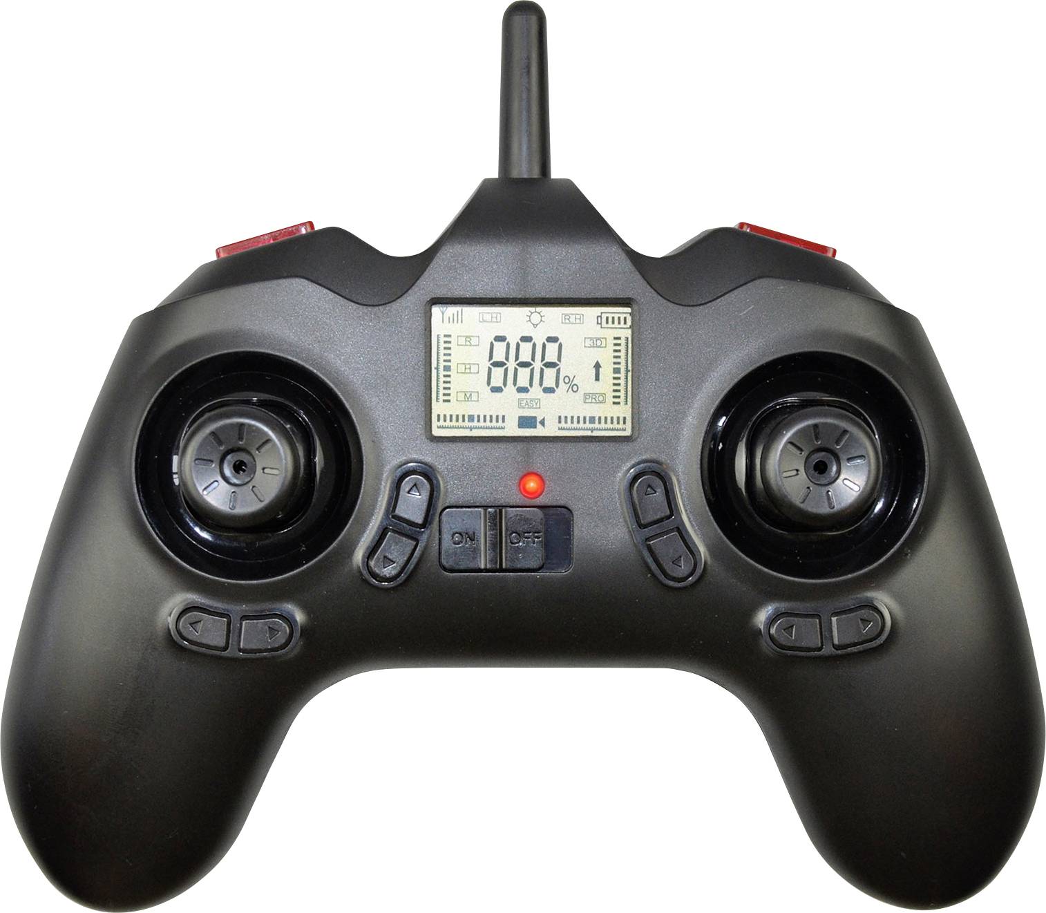 Schwarzer Fernsteuercontroller mit zwei Joysticks, Knöpfen und kleinem Display in der Mitte, meist für Modellflugzeuge verwendet.