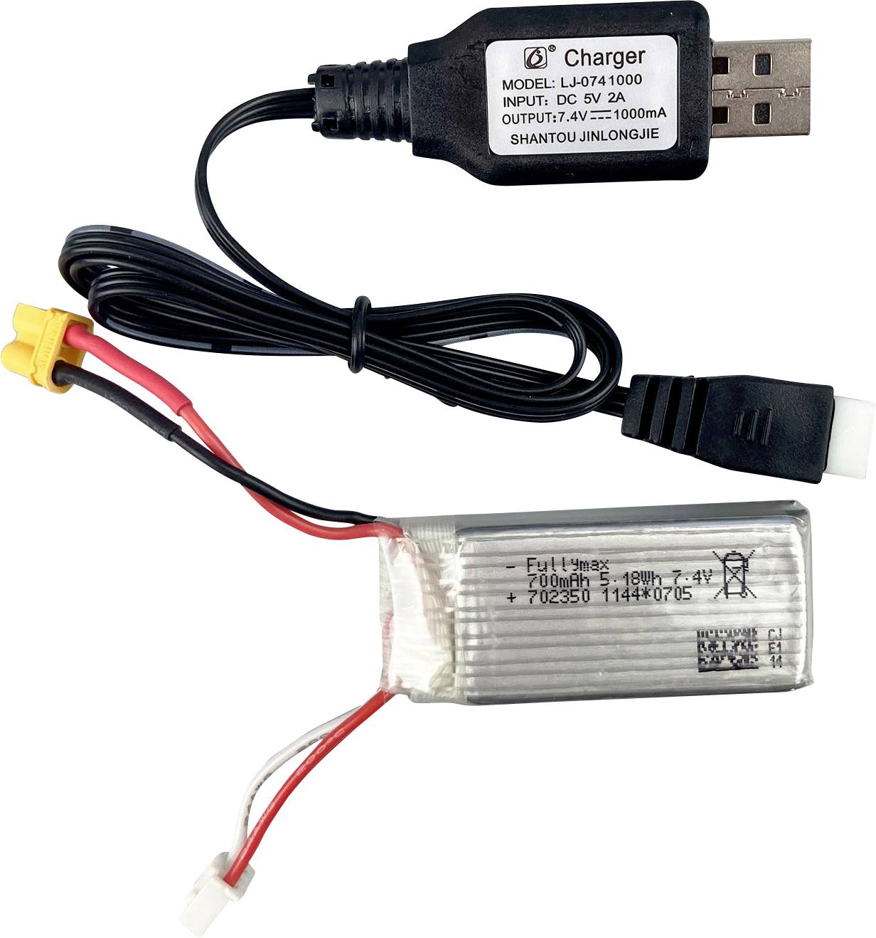 'Akkuladegerät mit USB-Stecker und Lithium-Polymer-Akku, 3,7 V, 700 mAh.'