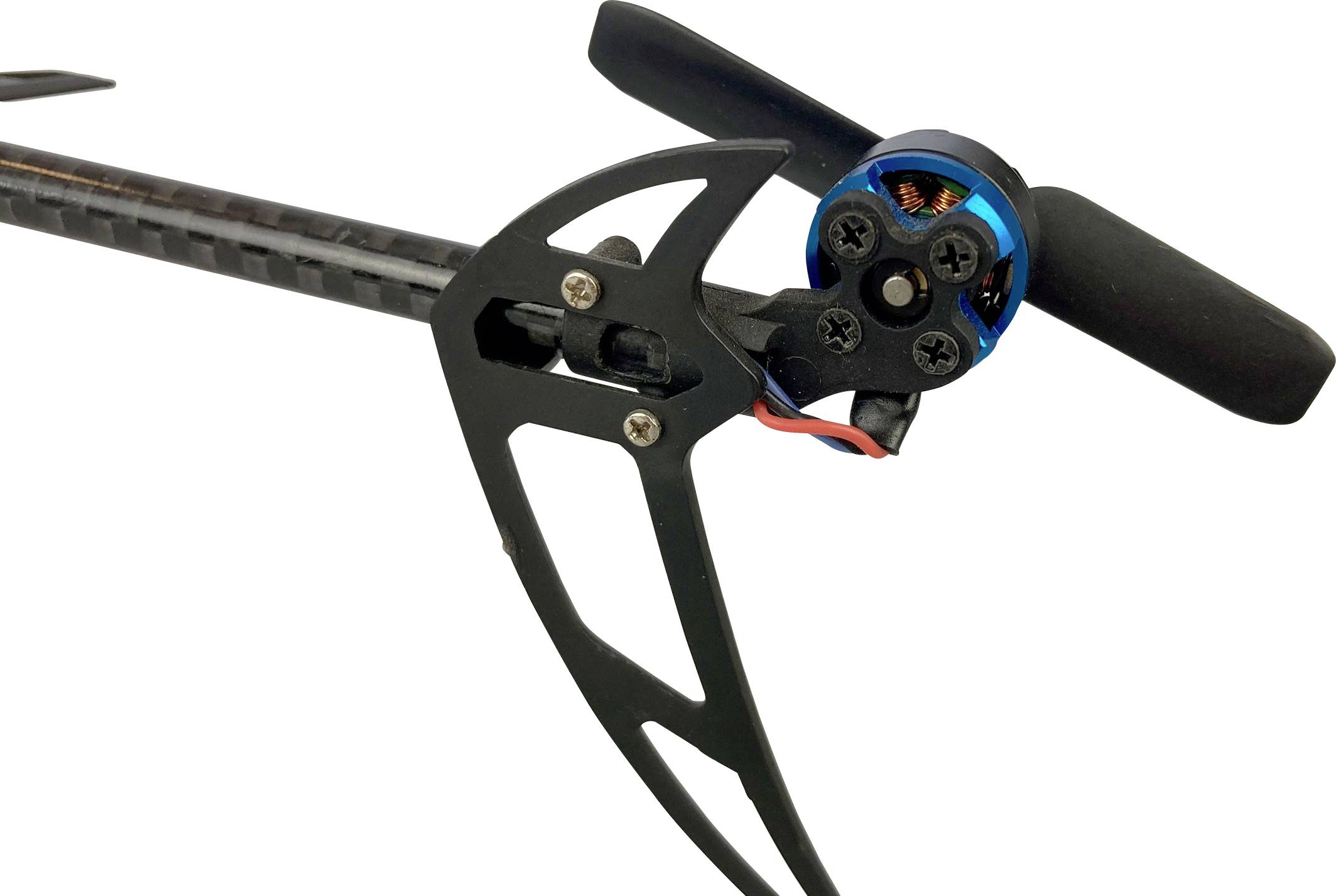 Nahaufnahme eines Drohnenpropellers mit Motor und Rotorblatt, montiert an einem leichten, karbonartigen Rahmen.