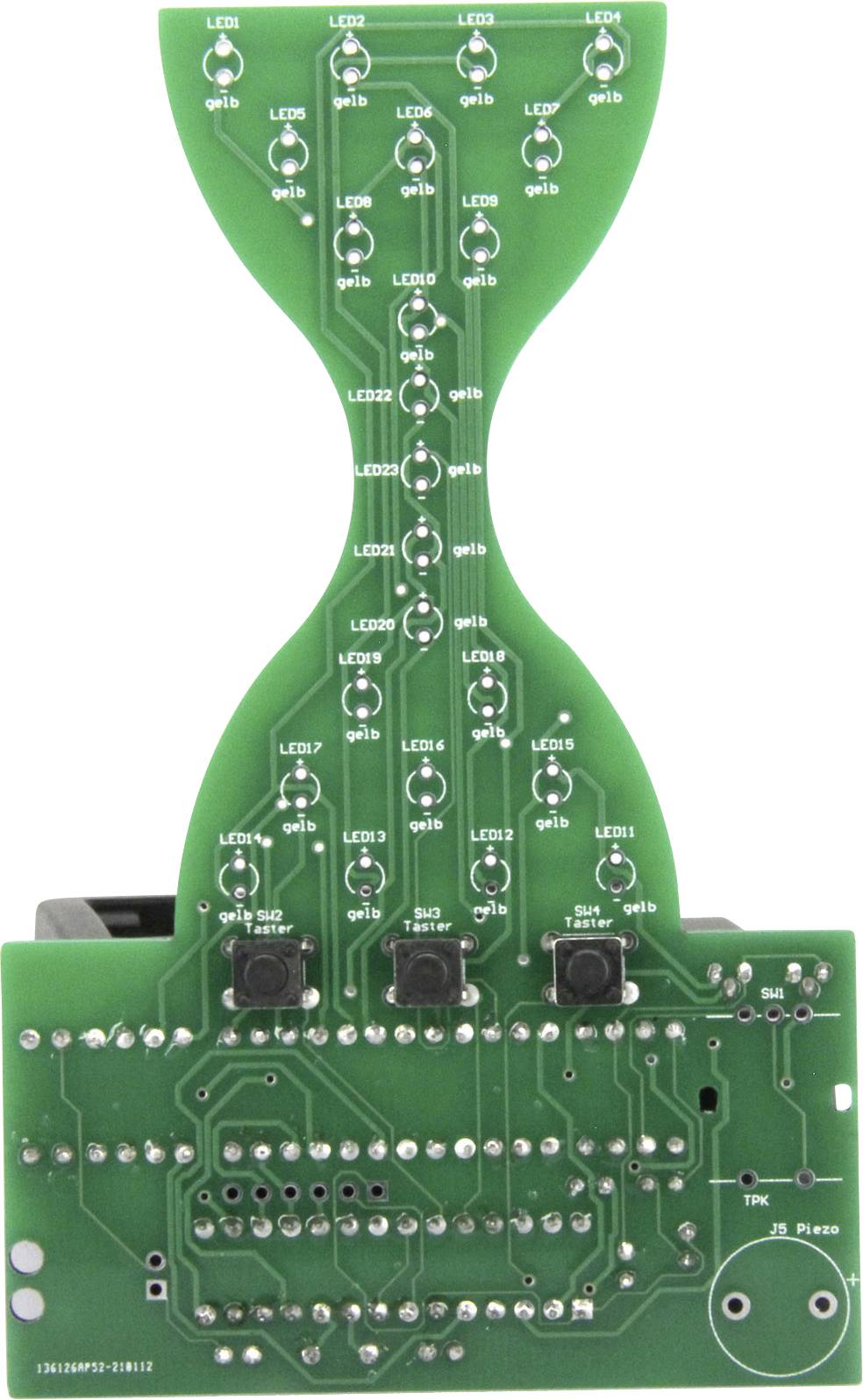 Grüne elektronische Schaltung, oben sanduhrförmig, mit mehreren LEDs und Schaltern. Dient zur Anzeige oder Programmierung.