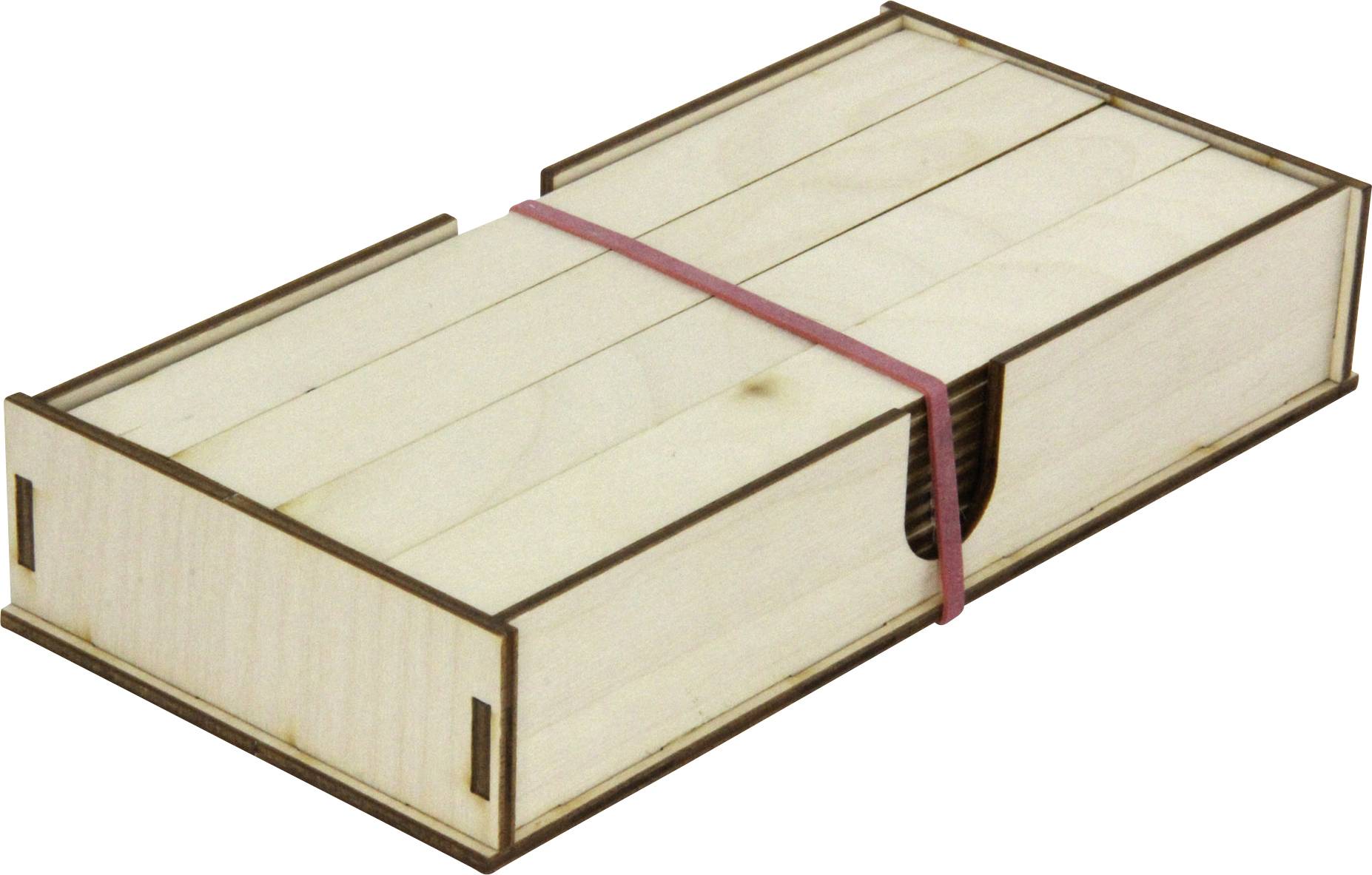 Holzkasten mit vier unterteilten Fächern, gehalten von einem roten Gummiband, auf weißem Hintergrund.