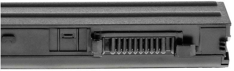 Ein schwarzer Laptop-Akku, seitlich gesehen, mit sichtbaren Kontakten zum Anschließen an das Gerät.