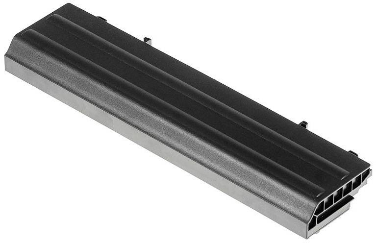 Ein schwarzer Laptop-Akku, rechteckig mit abgerundeten Kanten, auf weißem Hintergrund.