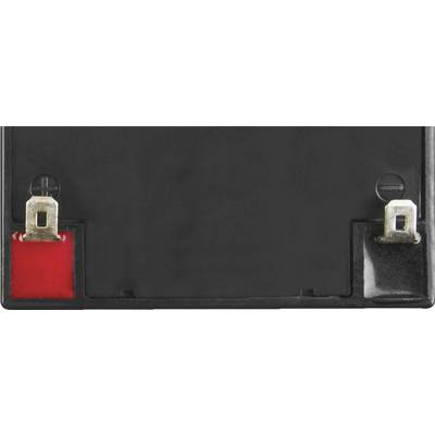 Schwarze Autobatterie mit zwei Anschlüssen oben: linker Anschluss rot markiert für positiv, rechter Anschluss schwarz für negativ.
