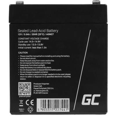 Schwarze, versiegelte Blei-Säure-Batterie mit 12V/5.0Ah. Enthält Sicherheits- und Ladehinweise: Spannung 14.5-14.9V, Nutzung bei 25°C.