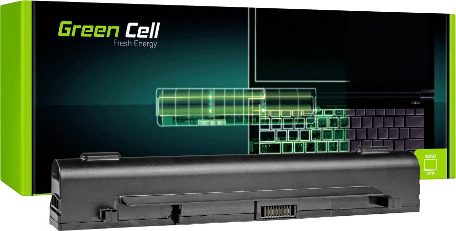 Akkubox von Green Cell mit 'Fresh Energy'. Vordergrund zeigt Laptop-Akku. Hintergrund zeigt schematisch einen Laptop und Akku.