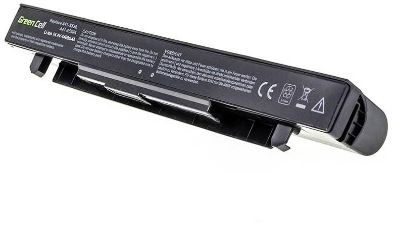 Schwarzer Laptop-Akku mit dem Text 'Green Cell' und Kennzeichen für Batterie-Entsorgung und CE-Kennzeichnung auf der Oberseite.
