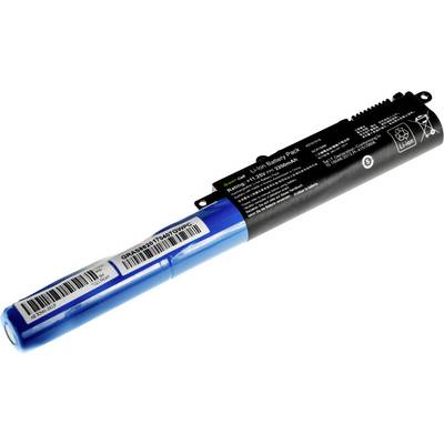 'Blauer und schwarzer Lithium-Ionen-Akku mit aufgedruckten technischen Details und Barcodes.'