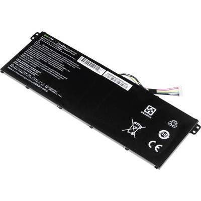 Rechteckige Laptop-Batterie mit weißen Sicherheits- und Recycling-Symbolen und einem mehrfarbigen Kabelanschluss.