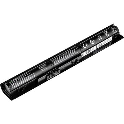 Ein schwarzer Laptop-Akku mit technischen Angaben und Symbolen auf der Oberfläche, einschließlich CE-Kennzeichnung und Recycling-Symbol.