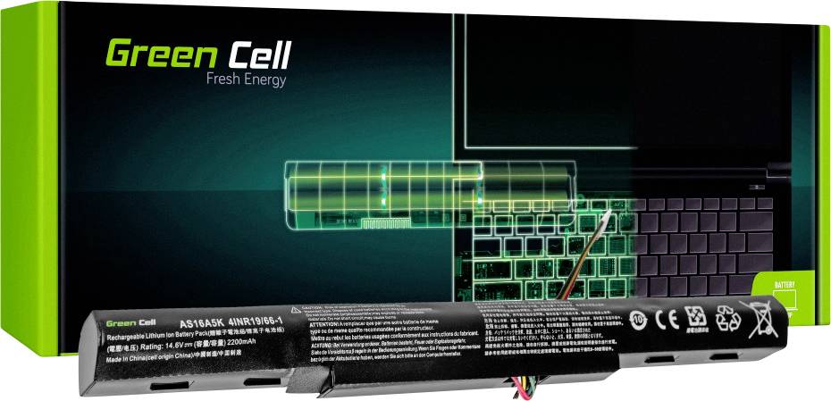 Laptop-Akku von Green Cell, Modell A31N1519, vor Verpackung mit grafischer Darstellung eines Akkus auf einem Laptop.