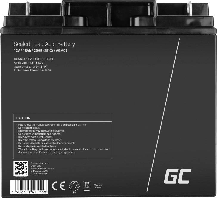 'Sealed Lead-Acid Battery' steht oben. Darunter Spezifikationen: 12V / 18Ah / 20HR (25°C) / AGM09. Warnhinweise und Symbole unten links.