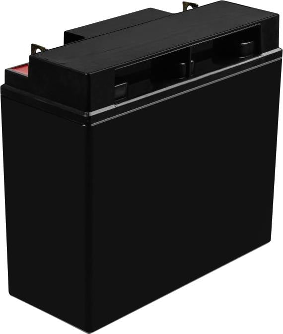 Eine rechteckige schwarze Autobatterie mit zwei Metallkontakten oben.