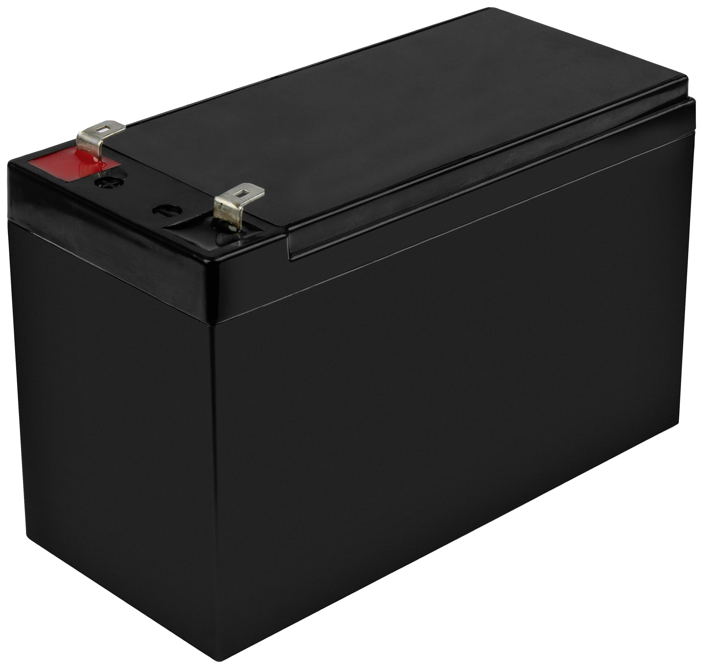 Schwarze rechteckige Batterie mit zwei Metalklemmen oben, eine rot markiert. Geeignet für elektronische Geräte oder Stromversorgung.