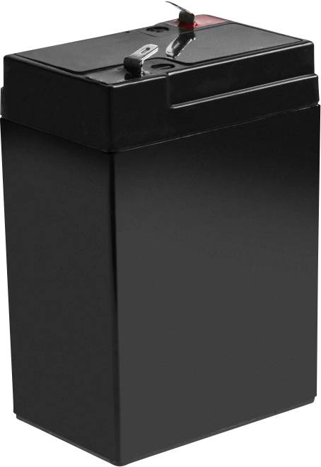 Ein schwarzer, quaderförmiger Akku mit zwei Anschlüssen oben.
