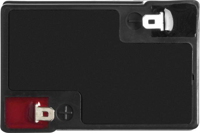 Ein schwarzer Akku mit zwei Metallanschlüssen oben, einer in rot (positiv) und einer in weiß (negativ), vor weißem Hintergrund.