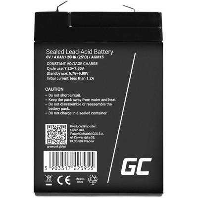 Schwarzes Versiegelte Bleisäure-Batteriegehäuse. Markierung: 'Sealed Lead-Acid Battery', Spannung 6V/4.0Ah, hergestellt in Krakau.
