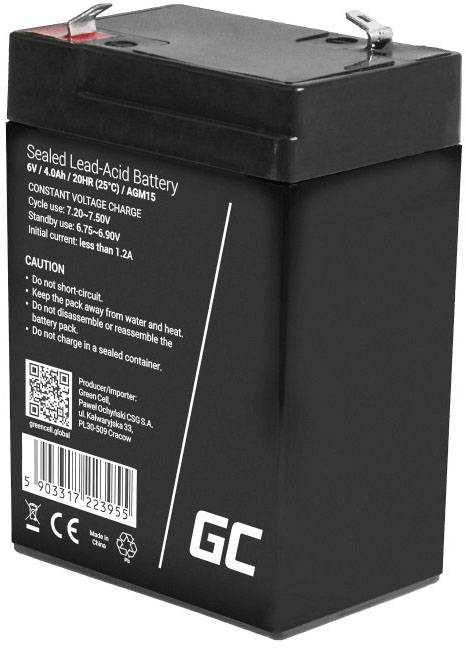 'Versiegelte Blei-Säure-Batterie, 6V, 4.0Ah, konstante Spannung. Nicht kurzschließen oder im geschlossenen Behälter laden. Weitere Spezifikationen und Warnhinweise auf der Batterie.'