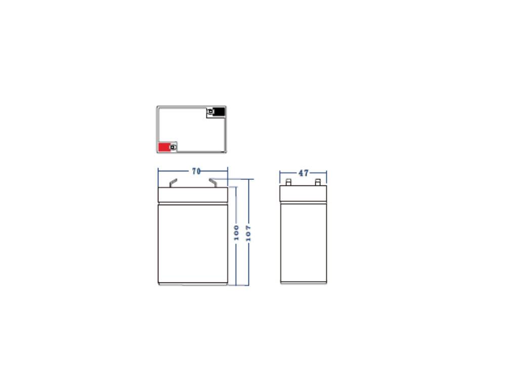 'Maße einer Batterie: Breite 70 mm, Höhe 107 mm, Tiefe 47 mm.'