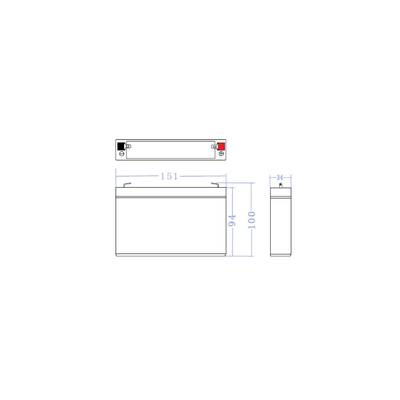 Technische Zeichnung einer rechteckigen Batterie mit den Maßen: Breite 151 mm, Höhe 94 mm, Tiefe 34 mm. Oben: positive und negative Pole.