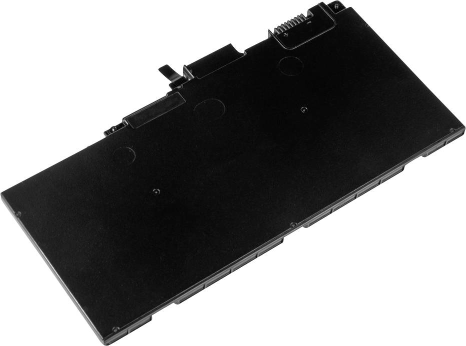 Schwarze, rechteckige Laptop-Batterie mit sichtbaren Anschlüssen oben.