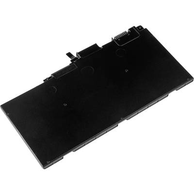 Schwarze, rechteckige Laptop-Batterie mit sichtbaren Anschlüssen oben.