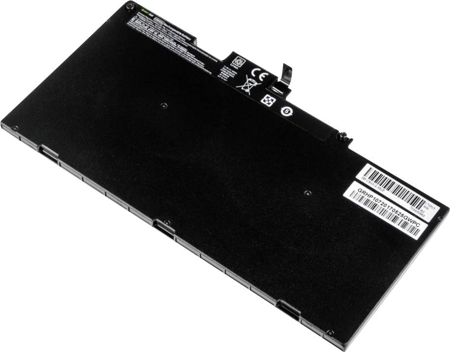 Ein schwarzer Laptop-Akku mit mehreren Aufklebern und Symbolen darauf, einschließlich CE- und Recycling-Symbolen.