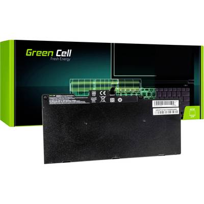 'Green Cell Fresh Energy'-Batterie für Laptops. Schwarzes Rechteck mit Produktaufklebern. Verpackung im Hintergrund zeigt Batteriedesign.