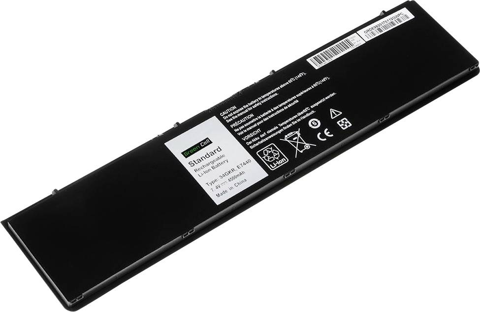 Lithium-Ionen-Akku für Laptops mit Etikett 'Standard', Spezifikationen und Recycling-Symbolen auf schwarzem Gehäuse.