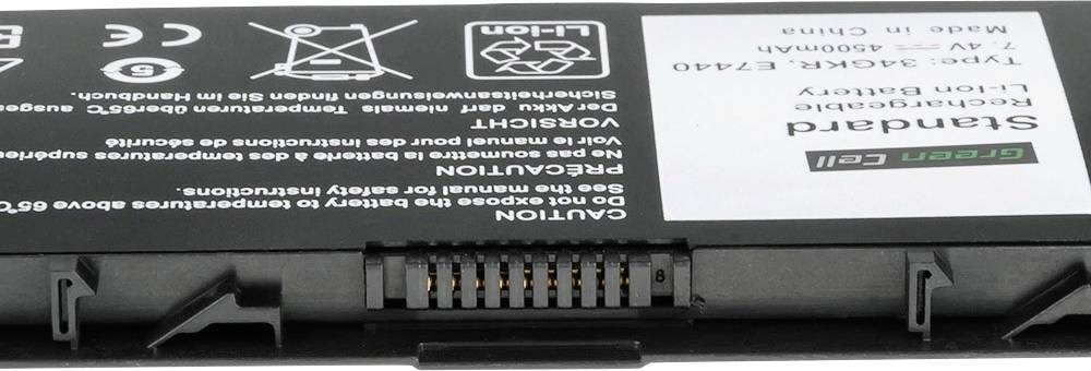 Ein Lithium-Ionen-Akku mit Aufschrift 'Standard Li-ion Battery', auf einem Etikett Informationen zu Spannung und Kapazität.