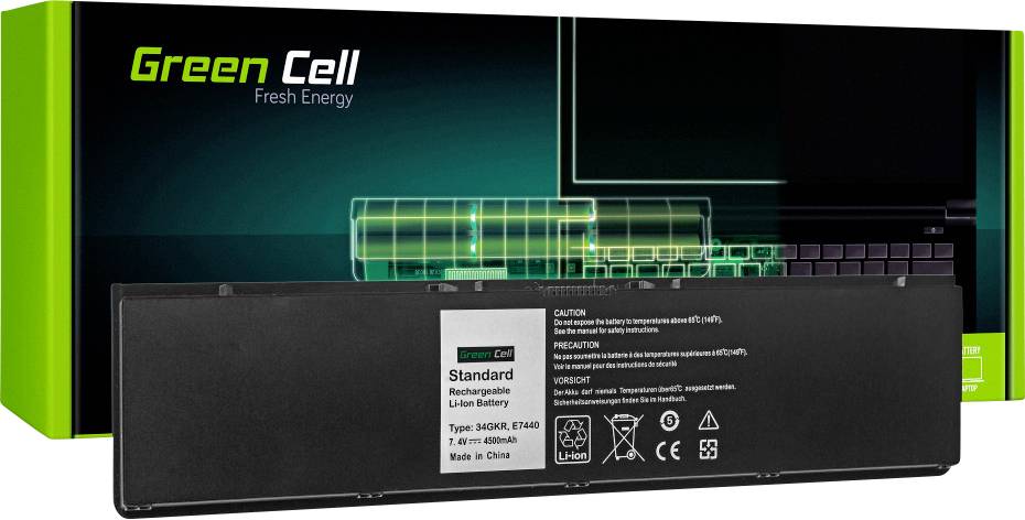 'Green Cell' Lithium-Ionen-Akku vor einer Verpackung. Akkuspezifikationen und Sicherheitsicon auf dem Akku sichtbar.