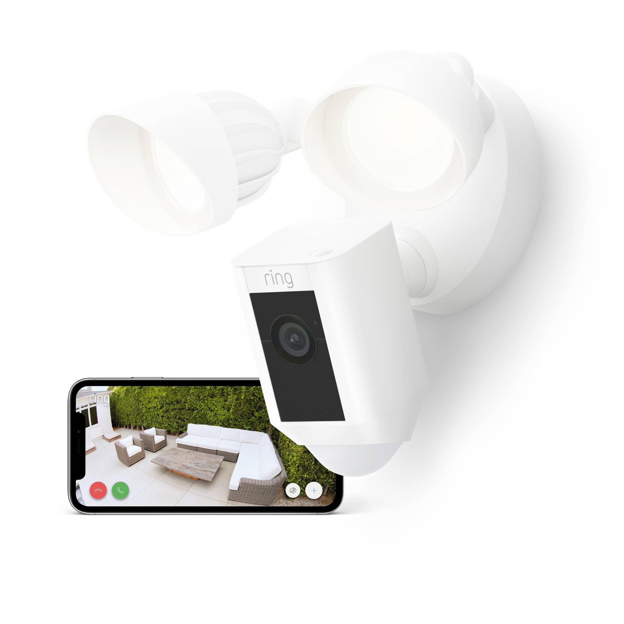 Eine weiße Überwachungskamera mit zwei Lampen, verbunden mit einem Smartphone, das ein Bild einer Terrasse zeigt.