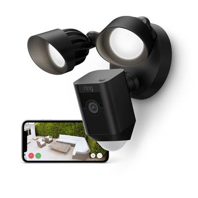 Smartphone zeigt Live-Übertragung einer Terrasse, aufgenommen von einer an der Wand montierten Sicherheitskamera.
